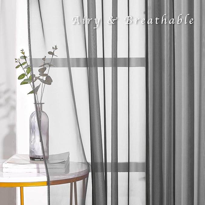NICETOWN Voile Sheer Window Curtain Panels, Grommet Airy and Breathable Short Sheer Drapes with Light Through for Son/Boys Bedroom, Dark Grey, 54" Wide by 54" Long, 1 Pair