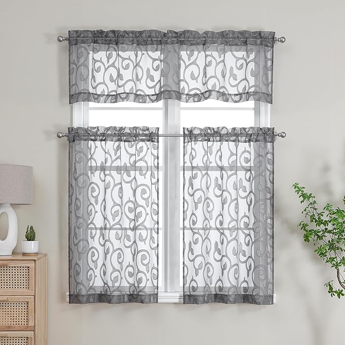 OWENIE Furman Sheer Curtains Tiers 36 inch Length, Lightweight Soft Airy Solid Grey Short Voile Kitchen Curtains for Living Room Bedroom Cafe Basement Farmhouse Small Windows, Each 26Wx36L inch