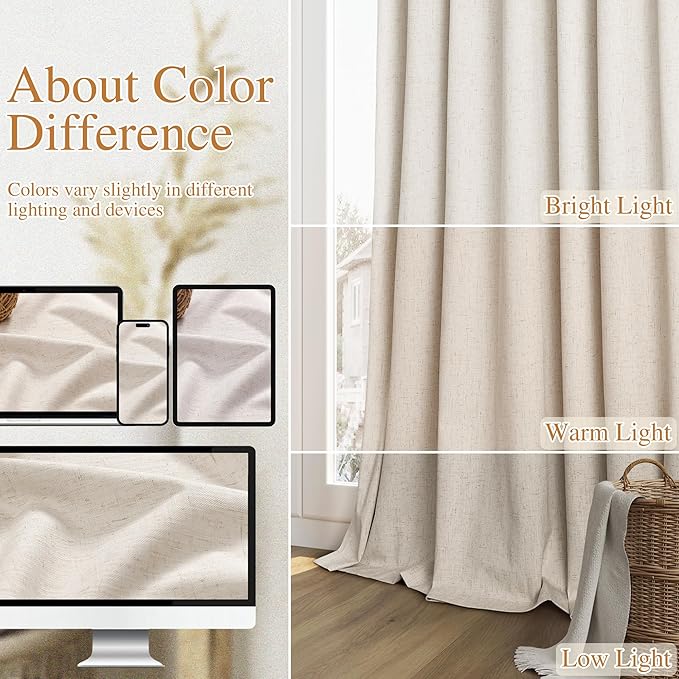 Guken 100% Blackout Linen Curtains 144 Inch Length 2 Panels Set for Living Room Bedroom Back Tab Thermal Insulated Black Out Drapes Room Darkening Farmhouse Window Curtains 144 Inches Long