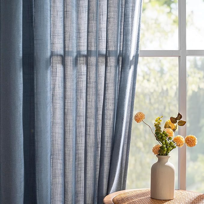 MYSKY HOME 95 Inch Semi Sheer Sliding Door Curtains Farmhouse Light Filtering Window Curtain Drapes for Patio Living Room, Linen Look Texture Fabric Bohemian Draperies, 50x95, Dusty Blue, 2 Panels