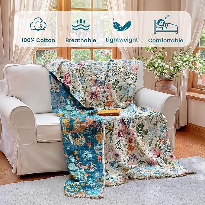 MSGKV Boho Throw Blanket 50"x60" Couch Floral 100% Cotton Blanket Spring Breathable Lightweight Farmhouse Blankets for Sofa Home Decor Muslin Guaze All Seasons
