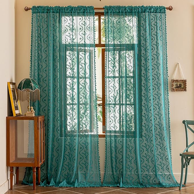 WAZZIO Boho Lace Curtains 2 Panels 84 Inch -Victorian Sheer Panel Drape French Country Floral Pattern & Tassel Light Filtering Privacy for Bedroom Dining Living Room,Coastal Decor,Teal,W52x L84