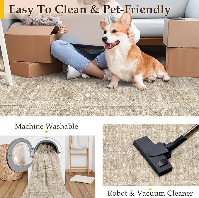 9x12 Washable Area Rug for Living Room Bedroom Vintage Beige Non Slip Carpet Traditional Retro Soft Low Pile Large Throw Rug for Dining Room Kitchen Office Indoor