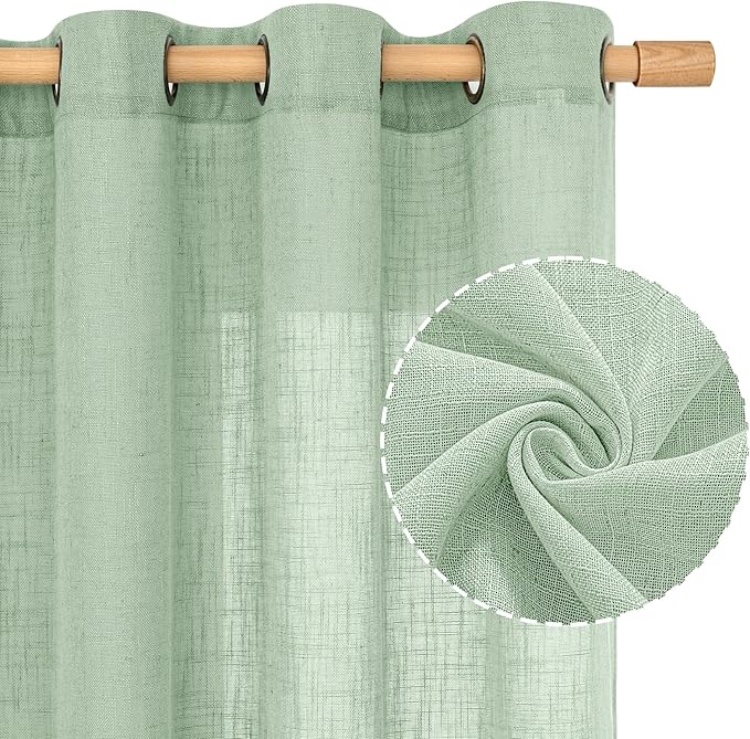 LAMIT Sheer Linen Curtains 63 Inch for Bedroom, Light Filtering Neutral Semi Sheer Farmhouse Boho Curtains Bronze Grommet Living Room Panels, Fresh Green, 2 Panels, 52 x 63 Inch