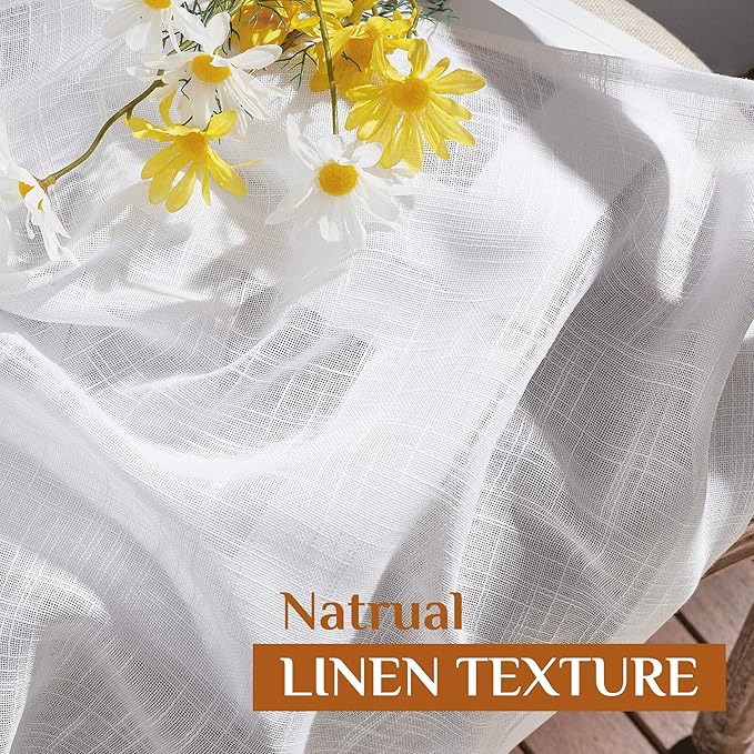 NICETOWN Semi Sheer Curtains 84 inches Length, Rod Pocket & Back Tab Linen Sheer Curtains Window Treatments Privacy with Light Filter for Farmhouse/Home Office, White, 132" Wide Total 2 Pieces