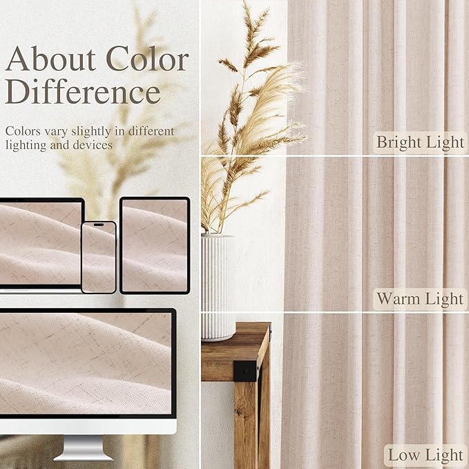 Natural White Linen Curtains 72 Inches Long for Living Room Burlap Linen Textured Light Filtering Semi Sheer Curtains Back Tab Privacy Neutral Farmhouse Curtain for Bedroom Office 52x72, 2 Panels