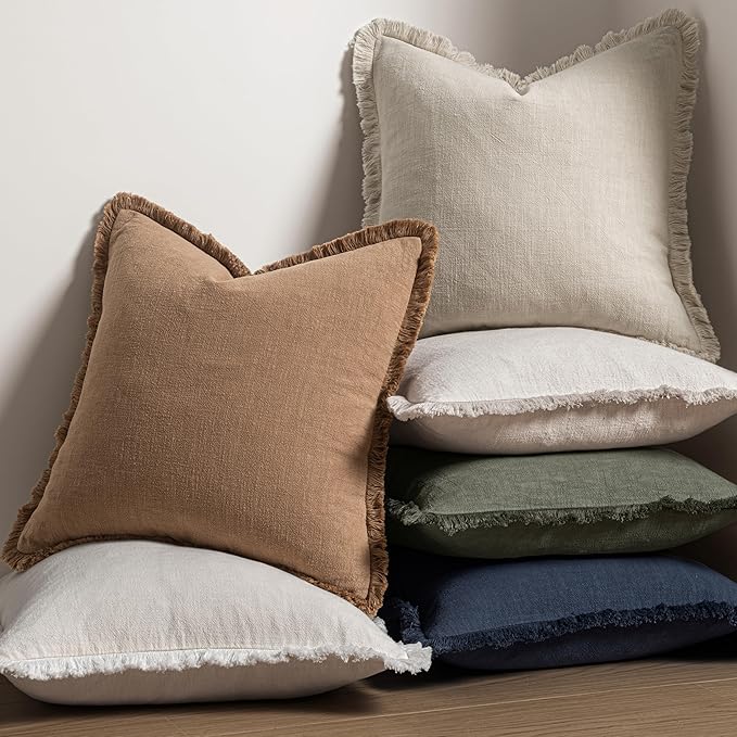 MIULEE Decorative Throw Pillow Covers Neutral Linen Fringe Throw Pillows Euro Shams Set of 2 Light Olive Green Boho Farmhouse Cushions for Couch Sofa Bed Living Room Spring Home Decor 26x26 Inch