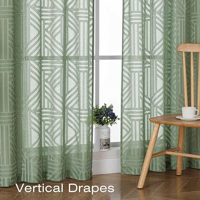 Simplebrand Sage Green Semi Sheer Curtains 54 Inch Length 2 Panels, Geometric Jacquard Clip Textured Short Sheer Curtains for Bedroom，Modern Elegant Window Curtains Drapes/Treatment Sheer，42x54 inch
