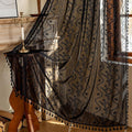 WAZZIO Boho Lace Curtains 63 Inch -Vintage Victorian Sheer Panel Drape Floral Pattern & Tassel Light Filtering Privacy for Bedroom Dining Living Room,Black Gothic Halloween Decor,2 Panels,W52 x 63L