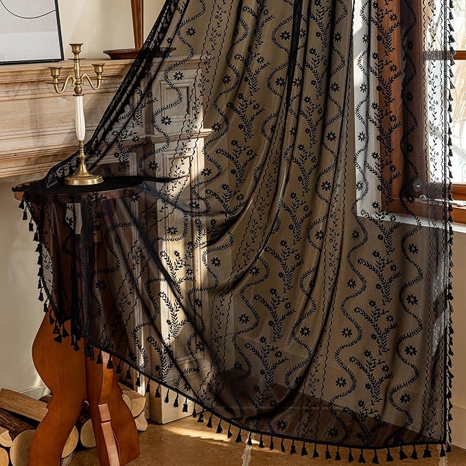 WAZZIO Boho Lace Curtains 63 Inch -Vintage Victorian Sheer Panel Drape Floral Pattern & Tassel Light Filtering Privacy for Bedroom Dining Living Room,Black Gothic Halloween Decor,2 Panels,W52 x 63L