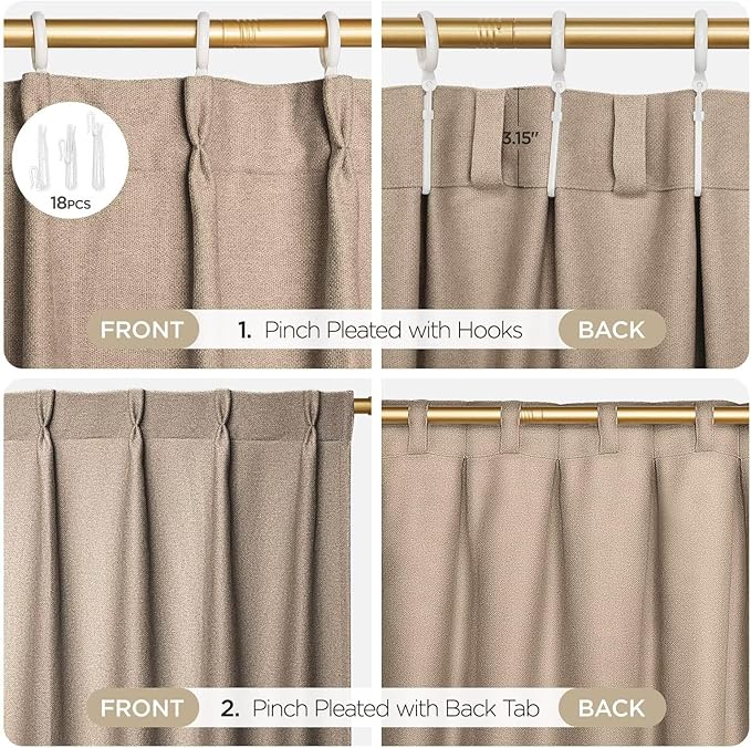 Joydeco Thick Linen Pinch Pleated Curtains 84 Inch Long 2 Panel Set for Living Room, Double-Faced Curtain for Bedroom, Back Tab Blackout Drapes with Adjustable Hooks (40”W x84”L,Thick Linen)