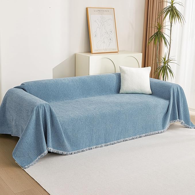 MYSKY HOME Couch Cover Sofa Covers, Sectional Couch Covers for 2 Cushion Couch Sofa, Chenille Sofa Slipcovers, Futon Covers, Machine Washable, Soft Furniture Protector for Kid, 91" x 118", Blue