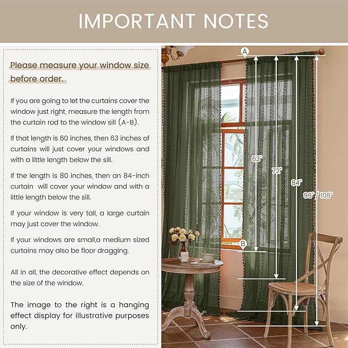 WAZZIO Boho Lace Curtains 84 Inches 2 Panel,Light Filtering Privacy Tassel & Geometry Crochet Semi Sheer Curtain Drapes for Bedroom Living Dining Room,Rod Pocket & Tassel,Olive Green