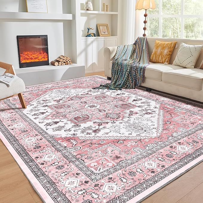 OPPODREAM Soft 6x9 Area Rugs, Washable Rug 6x9 with Non Slip Backing, Faux Cashmere Low-Pile 6 x 9 Carpet, Pink & Cream