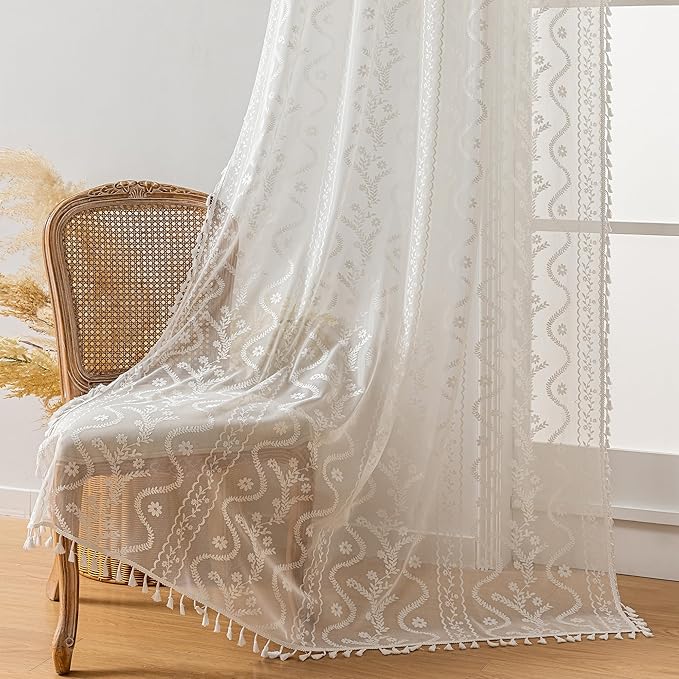 WAZZIO Boho Lace Curtains 2 Panels 63 Inches -Cute Vintage Victorian Sheer Panel Drape French Country Floral Pattern & Tassel Light Filtering Privacy for Bedroom Dining Living Room,White,W52x L63