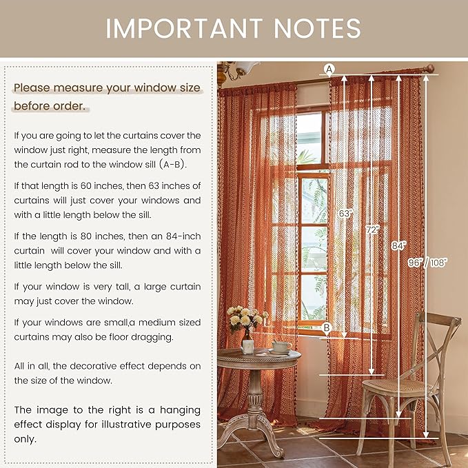 WAZZIO Boho Lace Curtains 84 Inches 2 Panel,Light Filtering Privacy Tassel & Geometry Crochet Semi Sheer Curtain Drapes for Bedroom Living Dining Room,Rod Pocket & Tassel,Full Decor,Burnt Orange