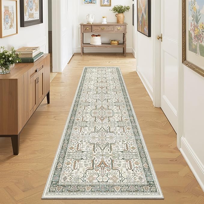 Washable 2x8 Runner Rug - Non Slip Vintage Kitchen Runner Rugs Low-Pile Distressed Long Rugs for Hallway Waterproof Indoor Carpet for Living Room Bedroom Entryway 2'x8' Green