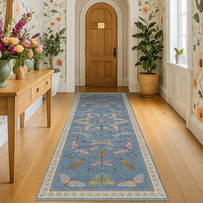 Hazo Haus Boho Non Slip Kitchen Rug Runner - 2x6 Blue Washable Rug for Bathroom, Laundry Room, Hallway, Non Slip with Rubber Backing, Insect Print Unique Runner