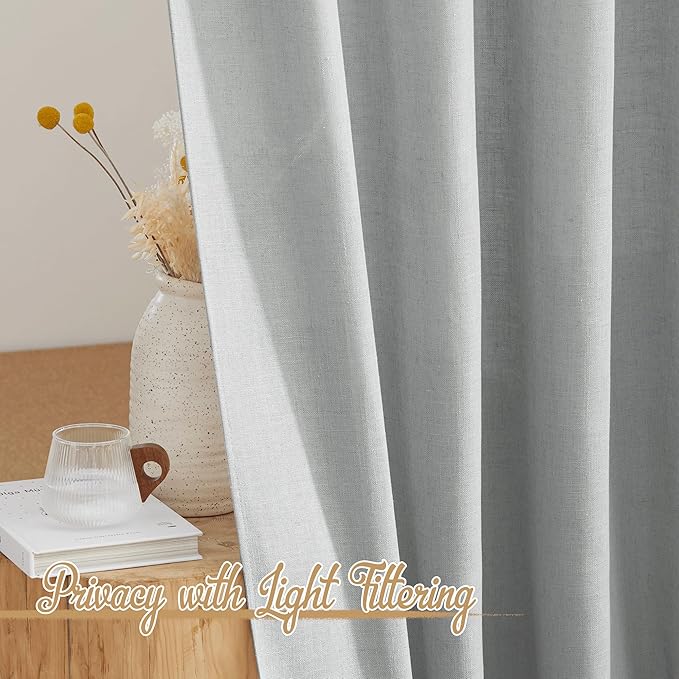NICETOWN Light Gray Linen Sheer Curtains 108 inches Long, Rod Pocket & Back Tab Flax Linen Weave Semi Sheer Window Treatments Privacy with Light Filtering Drapes for Bedroom, W52 x L108