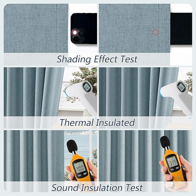 Guken Blue 100% Blackout Linen Curtains 132 Inch Length 2 Panels Set for Living Room Bedroom Back Tab Thermal Insulated Black Out Drapes Room Darkening Farmhouse Window Curtains Dusty Blue 52x132