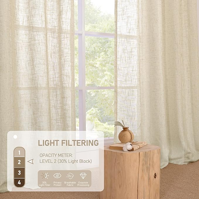 LAMIT Sheer Linen Curtains 90 inch for Living Room, Bronze Grommet Soft Thick Light Filtering Boho Window Textured Semi Sheer Drapes for Bedroom Farmhouse, 2 Panels Set, 52 x 90 Inch, Linen