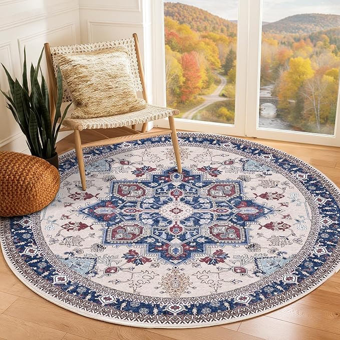 OPPODREAM Soft Round Rug 6ft, Washable Circle Rug 6ft with Non Slip Backing Play Room, Low-Pile Carpet 6 ft, Faux Cashmere Throw Carpet, Navy Blue & Red & Cream