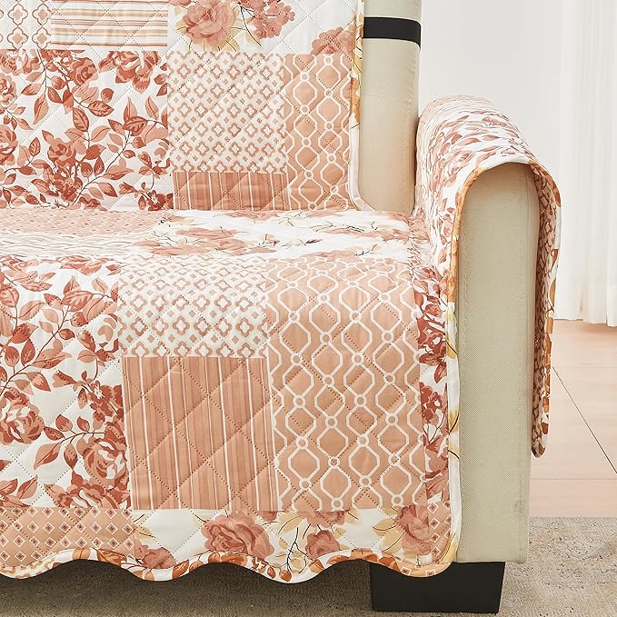 Great Bay Home Reversible Patchwork Loveseat Cover - Washable Slipcover Furniture Protector with Elastic Straps - Perfect for Kids & Pets - Box-Stitched Detail (Dusty Rose)