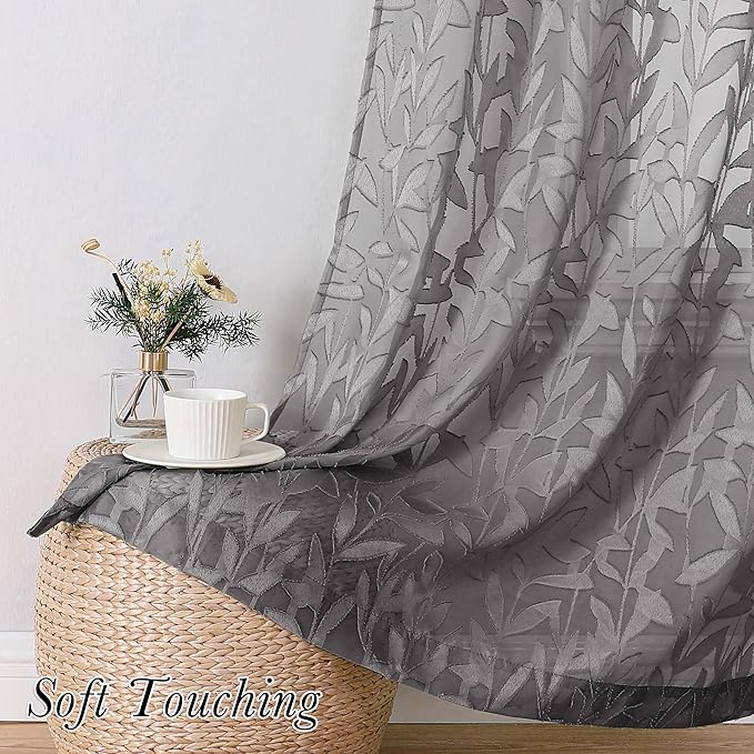 Lecloud Leia Charcoal Grey Sheer Curtains 2 Pieces, 30 Inch Short Curtains, Breathable Jacquard Texture Kitchen Windows Curtains, Small Farmhouse Leaves Voile Drapes Dual Rod Pocket, 38 W x 30 L