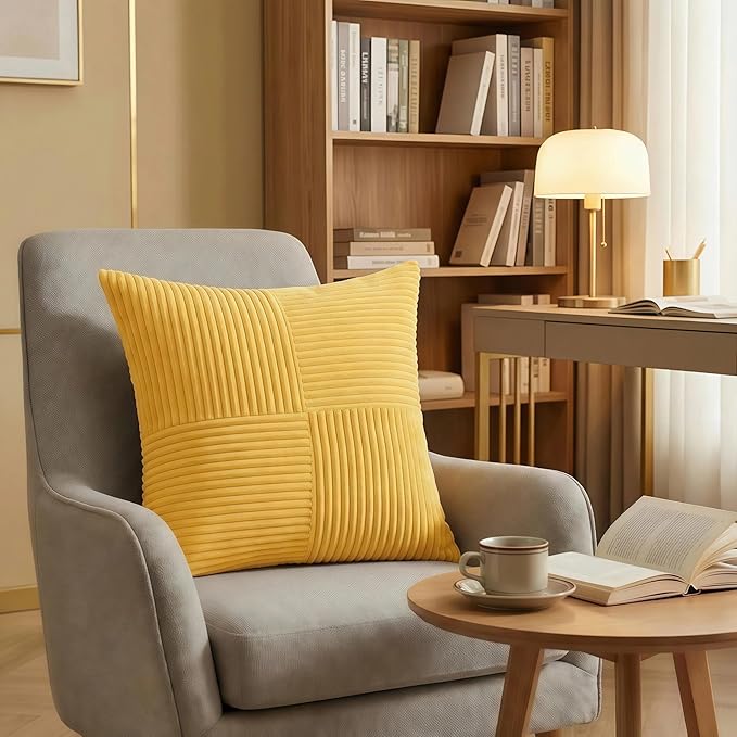 Fancy Homi 2 Packs Yellow Euro Decorative Throw Pillow Covers 26x26 Inch for Couch Bed Sofa, Rustic Farmhouse Boho Home Decor, Soft Corss Corduroy Patchwork Textured Square Cushion Case 66x66 cm
