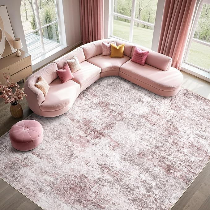 UERMEI 6x9 Area Rug Living Room Rugs - Washable Neutral Modern Abstract Soft Thin Large Rug Indoor Floor No Slip Rug Carpet for Bedroom Under Dining Table Home Office Decor - Pink