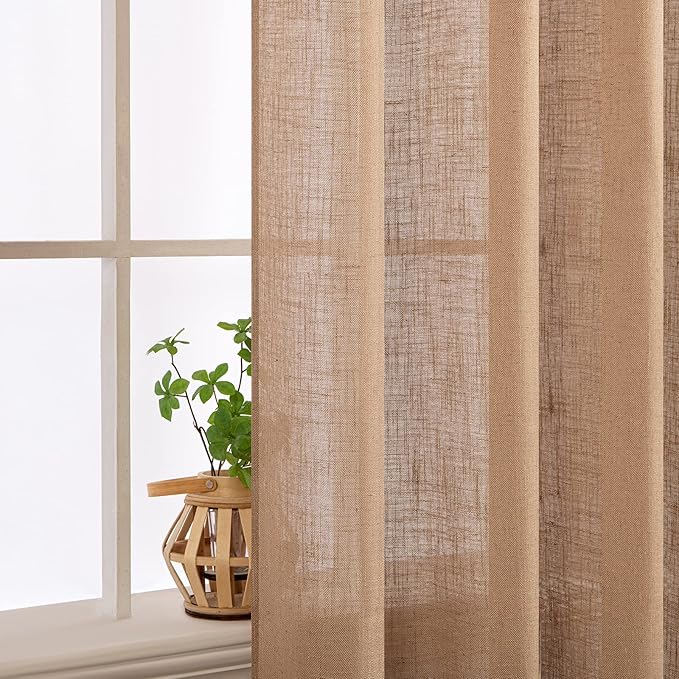 MIULEE Brown Linen Curtains 90 Inches Long for Bedroom Living Room, Soft Thick Linen Textured Window Drapes Semi Sheer Light Filtering Back Tab Rod Pocket Burlap Look Farmhouse Decor, 2 Panels Set