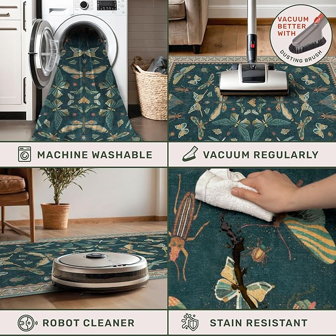 Hazo Haus Wide Runner Rug for Hallway 2'6"x8' - Green Runner Rug for Kitchen, Hall Way, Washable Foldable Boho Insect Deor