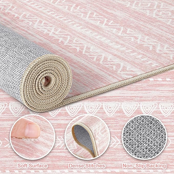 Nakagishi Pink Rugs for Bedroom Girls: 5x8 Washable Boho Large Neutral Area Rug Cute Soft Modern Indoor Floor Non Slip Accent Carpet for Living Room Nursery Kids Playroom Dorm Preppy Baby Room Decor