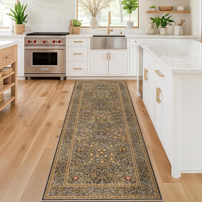 Non Slip 2x8 Gold Brown Long Runner Rug, Washable Runner Rug for Hallway, Bathroom, Entryway Rug, Stain Resistant Kitchen Floor Mat - Vintage Floral Indoor Décor, Low Pile Soft Carpet