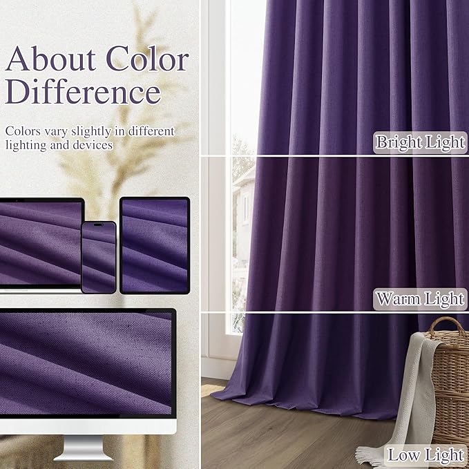Guken 100% Blackout Curtains 84 Inch Length 2 Panels Set for Living Room Bedroom Back Tab Thermal Insulated Black Out Linen Drapes Room Darkening New Purple,52x84