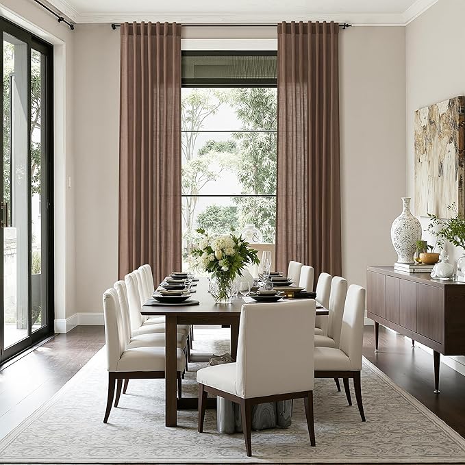 Caramel Brown Linen Curtains for Living Room Extra Long 112 Inches Long Back Tab Light Filtering Semi Sheer Curtain Vintage Rustic Decor Floor to Ceiling High Window for Bedroom 52x112, 2 Panels
