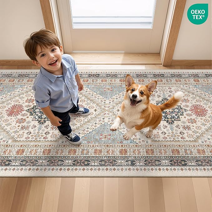 Kitchen Runner Rug Non Slip Washable 2.5x8, Soft Low Pile Entryway Rug Runners for Hallways,Carpet Runner for Living Room,Kitchen, Laundry, Bathroom(Blue/Red/Multi,2.5'x8')