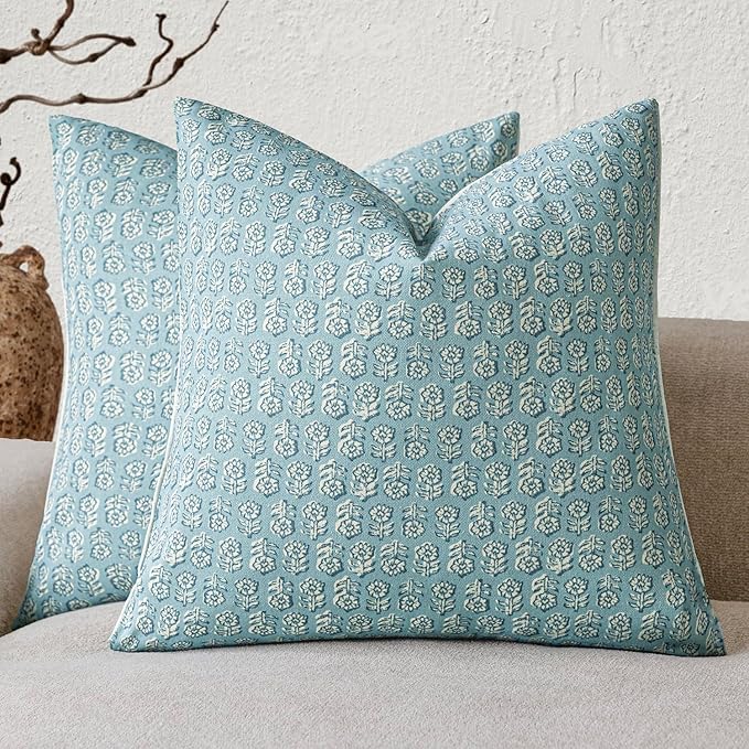 Foindtower Set of 2 Decorative Vintage Floral Print Throw Pillow Covers Neutral Accent Farmhouse Cushion Covers Boho Home Decor for Sofa Couch Chair Bedroom Living Room Outdoor,22×22 Inch,Sky Blue