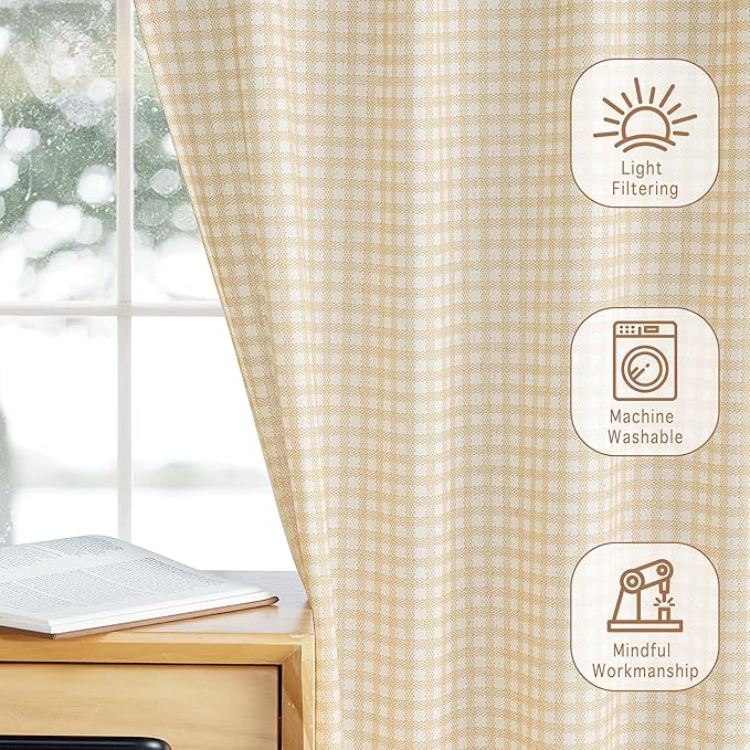 RYB HOME Kithen Curtains Rustic Plaid Cafe Tier, Classic Short Checkered Drapes 36 inch Length Small Window Treatment Valance for Living Room Bathroom Bistro Farmhouse, Yellow, W26 x L36, 2 Panels