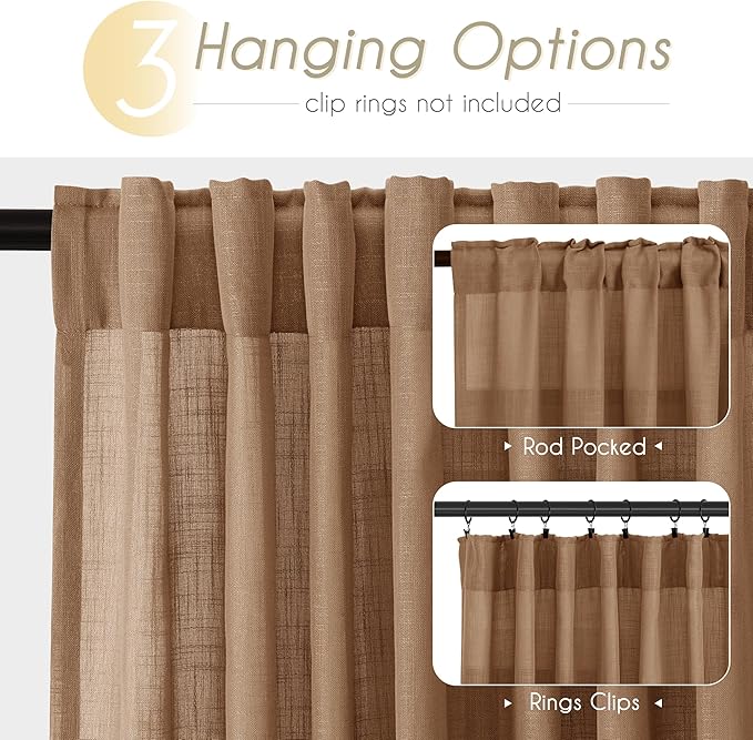 Brown Curtains for Living Room Back Tab Modern Farmhouse Semi Sheer Curtains 102 inches Long 2 Panels Set Muted Neutral Window Curtain for Dining Room Bedroom 52x102