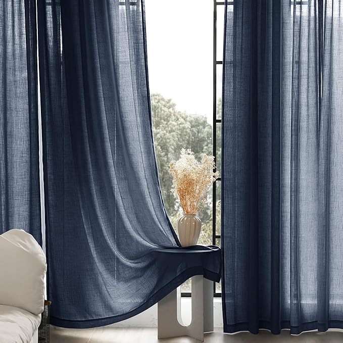 Navy Blue Curtains 84 inch Length for Bedroom Back Tab Light Filtering Semi Sheer Blue Living Room Curtains Linen Polyester Indigo Blue Drapery Panel Modern Farmhouse Aesthetic Decor Dark Blue