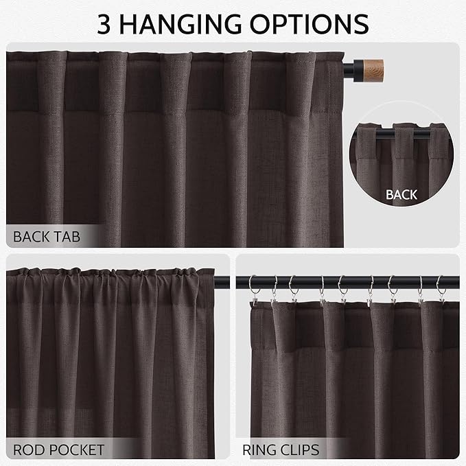 Nanspring Cocoa Coffee Linen Curtains 84 Inch Length 2 Panels Set for Living Room Back Tab Light Filtering Semi Sheer Curtain for Bedroom Farmhouse Drapes, 52x84 Inch, 2 Panels