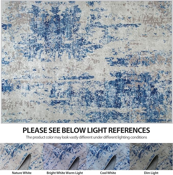 8x10 Area Rugs for Living Room Rug Washable: Abstract Large Rug for Dining Room Bedroom Carpet Non Slip 8 by 10 Indoor Modern Nursery Home Office Blue Grey White