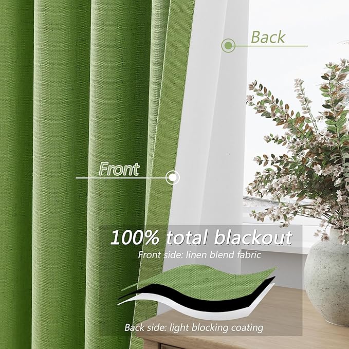 Guken 100% Blackout Curtains 90 Inch Length 2 Panels Set for Living Room Bedroom Back Tab Thermal Insulated Black Out Linen Drapes Room Darkening Lime Green,52x90