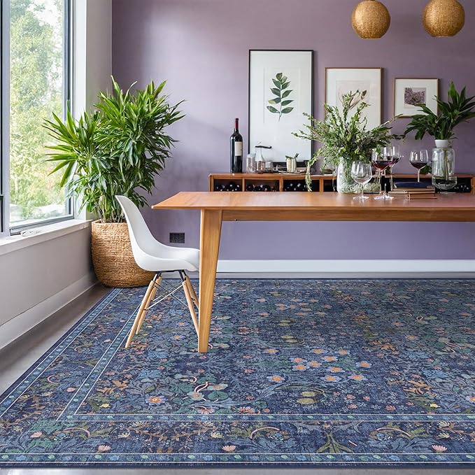 Washable Dark Blue Rug for Living Room - 9x12 Large Area Rug for Dining Room Under Table, Bedroom, Soft Low Pile Non-Slip Stain Resistant Carpet - Vintage Navy Floral Design