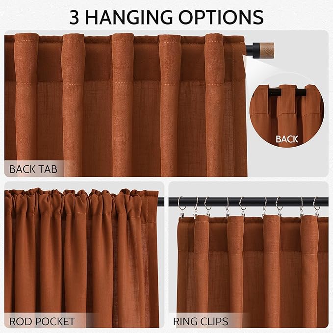 Nanspring Rust Linen Curtains 63 Inch Length for Living Room Light Filtering Semi Sheer Curtain Back Tab and Rod Pocket Vintage Rustic Luxury Home Decor Drapes for Bedroom Office 52x63, 2 Panels