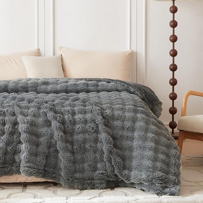 COOVA Faux Fur Throw Blanket for Couch, Cozy Soft and Fuzzy Plush Rabbit Fur Bubble Blanket for Sofa Bedroom Living Room, 60x80 Inches Cationic Light Grey