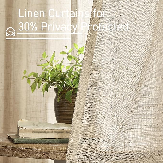 LAMIT Short Window Linen Curtains 36 Inch Length 2 Panels, Brown Light Filtering Panels Back Tab and Rod Pocket Neutral Drapes for Bathroom/Loft Room, 34 x 36 Inch
