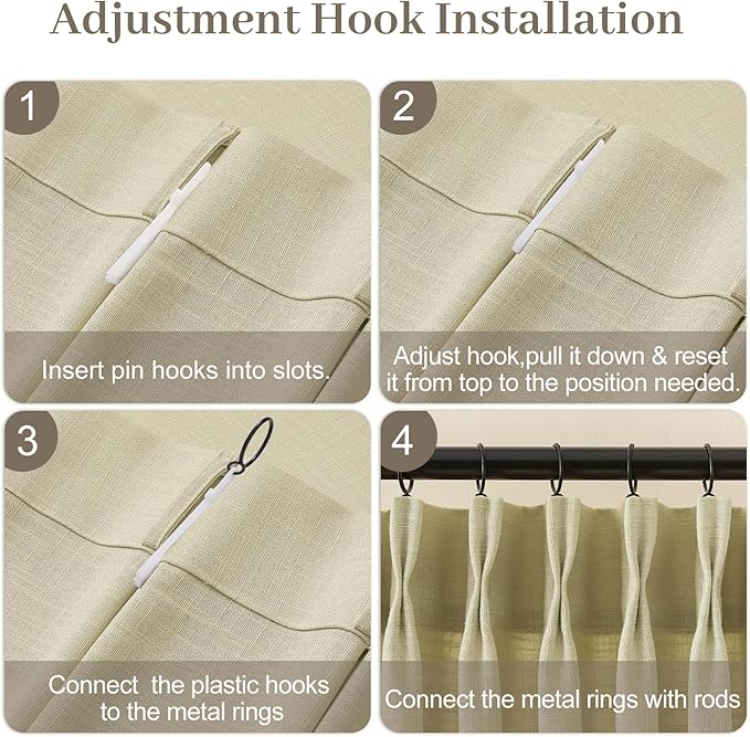 Pinch Pleated Linen Curtains 84 Inch Length 2 Panels Set, Light Filtering Linen Textured Sheer Drapes Memory Trained Pleated Curtain Back Tab for Living Room Farmhouse with Hooks Rings, Grey Beige
