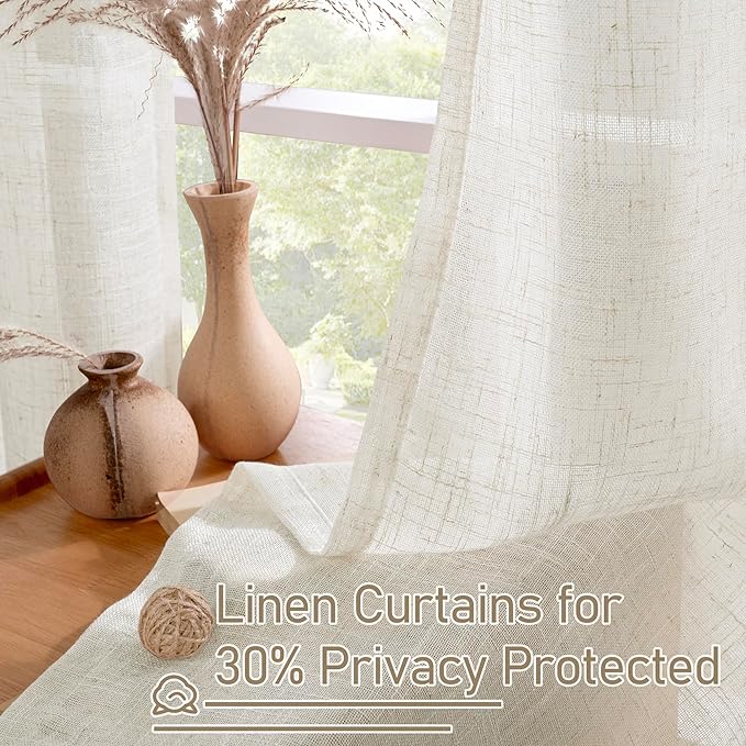 LAMIT Natural Linen Semi Sheer Curtains 45 Inch Length, Light Filtering Short Linen Neutral Decorative Window Drapes with Bronze Grommet for Bedroom/Kitchen, Cream Ivory, 2 Panels Set, 52 X 45 Inch